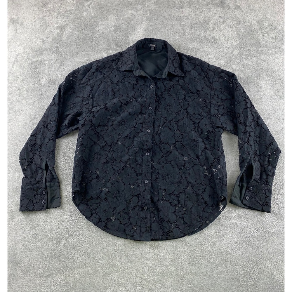 Express Boyfriend Portofino Shirt Womens XS Black Floral Lace Button Down Top